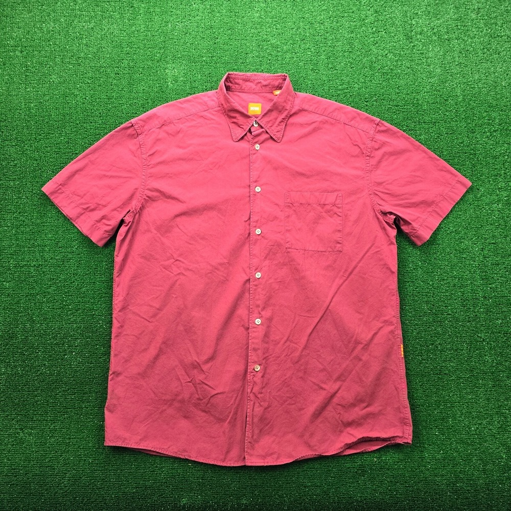 Hugo Boss Shirt Mens Large BOSS Orange Made In Italy Short Sleeve Magenta Wine